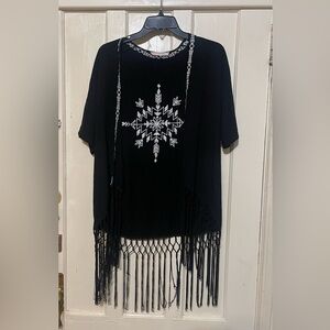 Love Tree Happens Womens Sz S Open Cardigan Black w/White Western Print Fringe